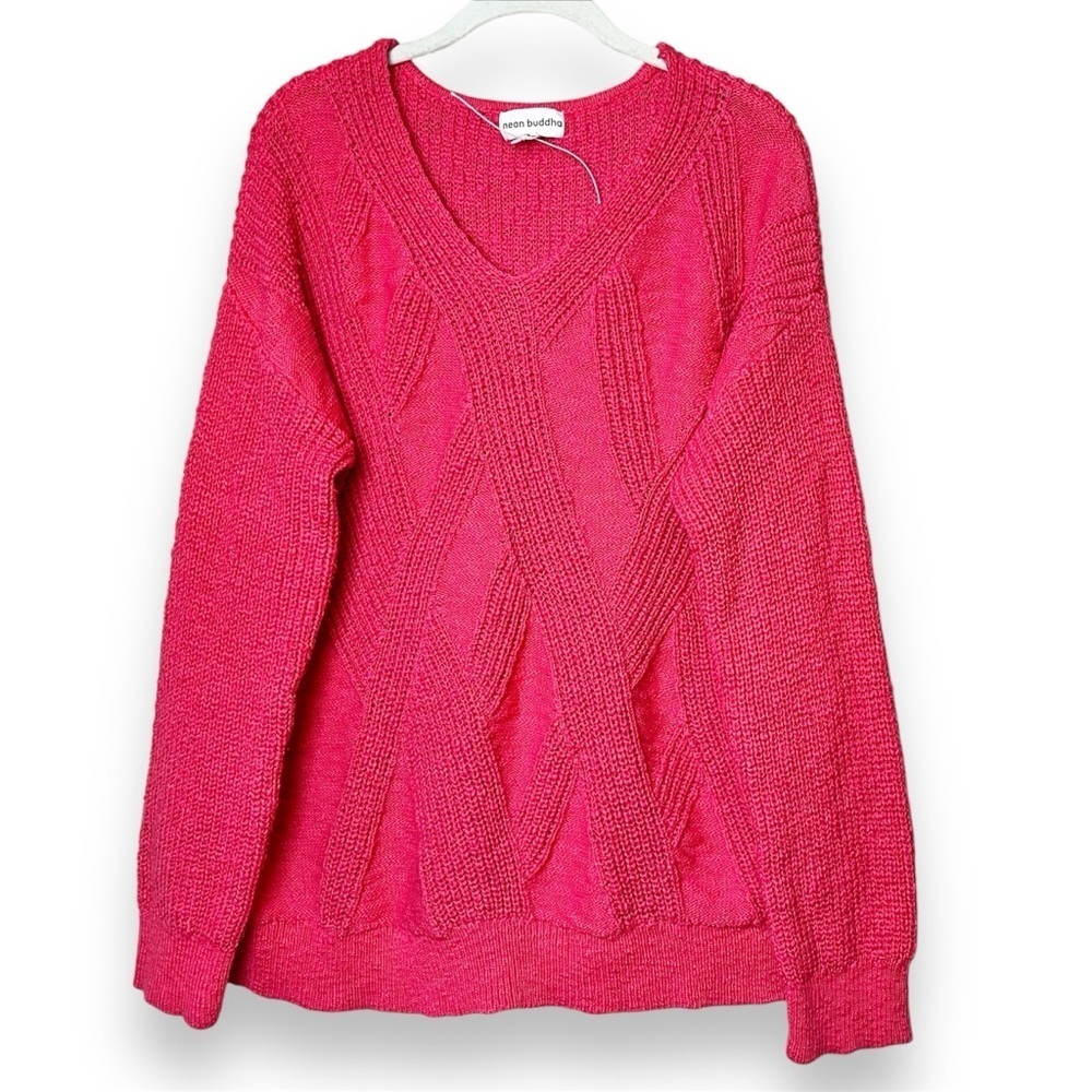 neon buddha and Pink V-Neck Cable Knit Sweater Excellent Condition